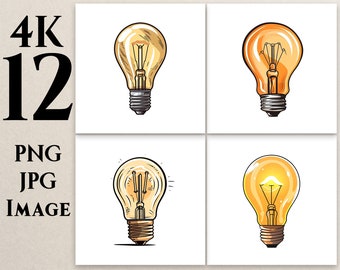 4K 12 Light Bulb Clipart, PNG, JPG, Cartoon Bulb Clipart, Light Bulb illustrations,Clipart, Printable, Commercial Use, Digital Download, LB1