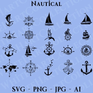 20 Náutica Svg Uso Comercial Svg, Png, Jpg, Ai, Mar Svg, Clipart, Velero Svg, Brújula Svg, Ancher Svg, Rueda de Barco Svg,Cricut Cut File,N1