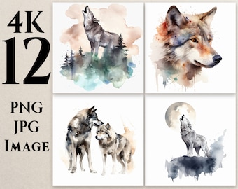 4K 12 Wolf Clipart, PNG, JPG, Watercolor Wolf Clipart, Wolf illustrations, Wolf Drawing, Printable, Commercial Use, Digital Download, W2
