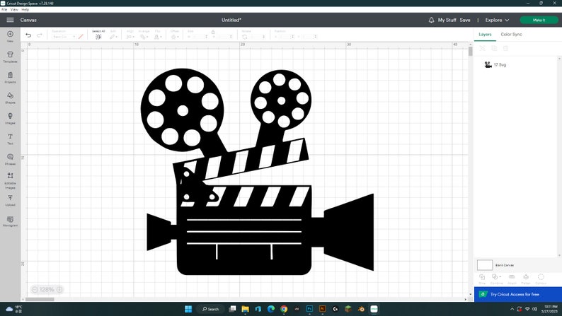 Pode incluir: Silhueta preta e branca de uma c&acirc;mera de cinema vintage com uma claquete. A c&acirc;mera tem duas bobinas grandes e uma lente.