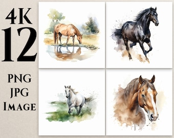 4K 12 Horse Clipart, PNG, JPG, Watercolor Horse Clipart, Horse illustrations, Horse Drawing, Printable,Commercial Use,Digital Download,H2