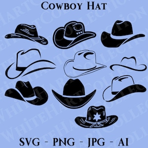 10 Cowboy-Hut-Svg, Png, Jpg, Ai, kommerzielle Nutzung, Hut-Svg, Cowboy-Hut-Clipart, Cowboy-Silhouette, Cowboy-Kleidung-Svg, Cricut Cut-Datei, CH1