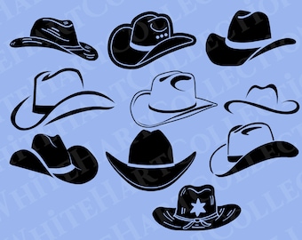 Pacote com 10 arquivos SVG de chapéus de cowboy, silhuetas de chapéus do Velho Oeste para corte em Cricut (SVG e PNG)
