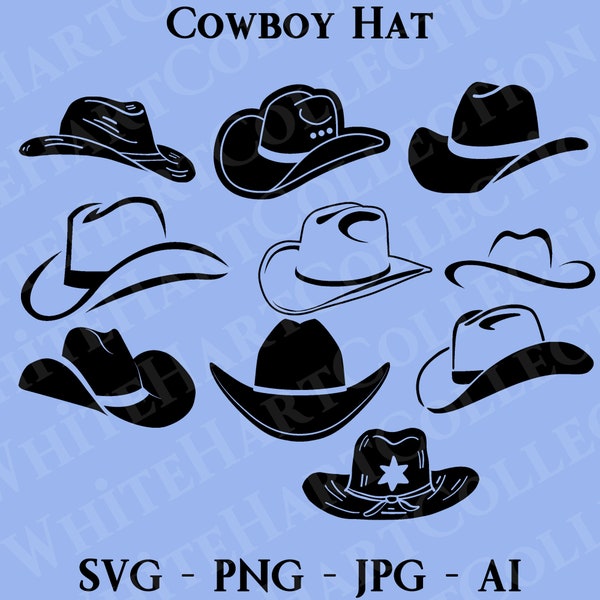 10 Cowboy Hat Svg, Png, Jpg, Ai,  Commercial Use, Hat Svg, Cowboy Hat Clipart, Cowboy Silhouette, Cowboy Clothes Svg, Cricut Cut File, CH1