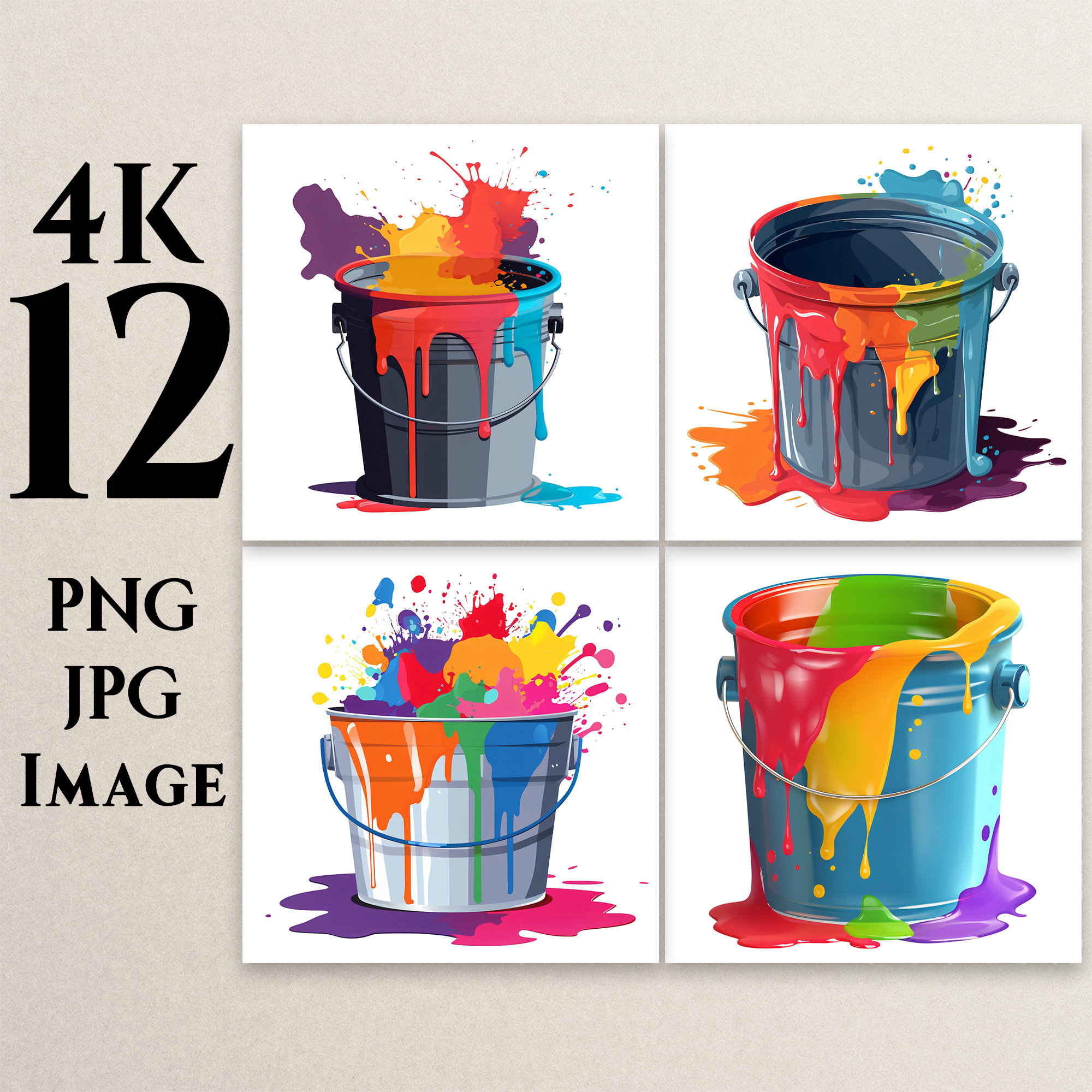 4K 12 Paint, PNG, JPG, Cartoon Bucket Clipart, Paint Illustrations