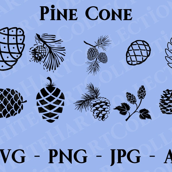 10 Pine Cone Svg Pack Commercial Use Svg, Png, Jpg, Ai, Forest, Plants, Black and White Vector Art, Digital Download, Cricut Cut File, PC 1