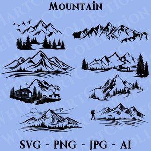 May include: Black and white mountain illustrations with trees, cabins, and a hiker. The word "MOUNTAIN" is at the top. Below are the file types: SVG, PNG, JPG, and AI.