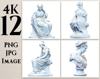4K 12 Statue, PNG, JPG, Marble Statue Clipart, Woman Statue illustrations, Digital Clipart, Printable, Commercial Use, Digital Download, S1