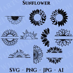 10 Monograma de Girassol Svg, Png, Jpg, Ai, Uso Comercial, Monograma de Flor, Moldura de Nome de Flor, Caixa de Nome de Natureza, Caixa de Texto, Arquivos de Corte Cricut, F8