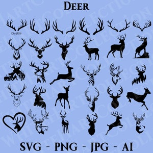 30 Hirsch-Svg, Png, Jpg, Ai, kommerzielle Nutzung, Tier-Svg, Hirschkopf, Geweih Svg, Hirschgesicht, Hirsch Clipart, digitaler Download, Cricut Cut Datei, D3