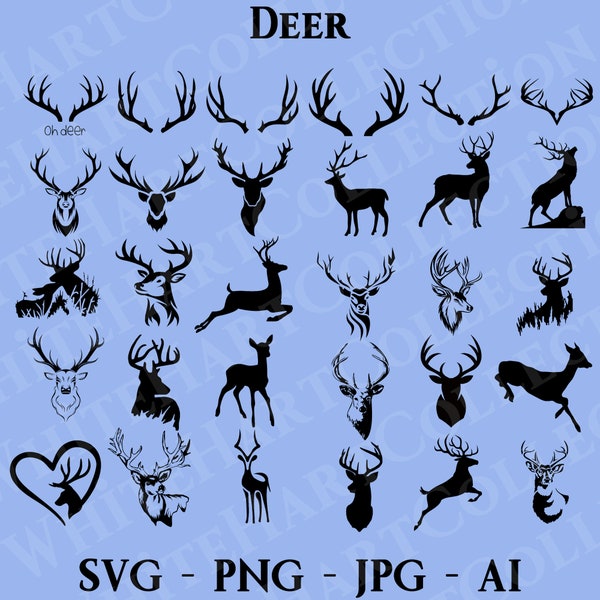 30 Deer Svg, Png, Jpg, Ai, Commercial Use, Animal Svg, Deer Head, Antler Svg, Deer Face, Deer Clipart, Digital Download, Cricut Cut File, D3