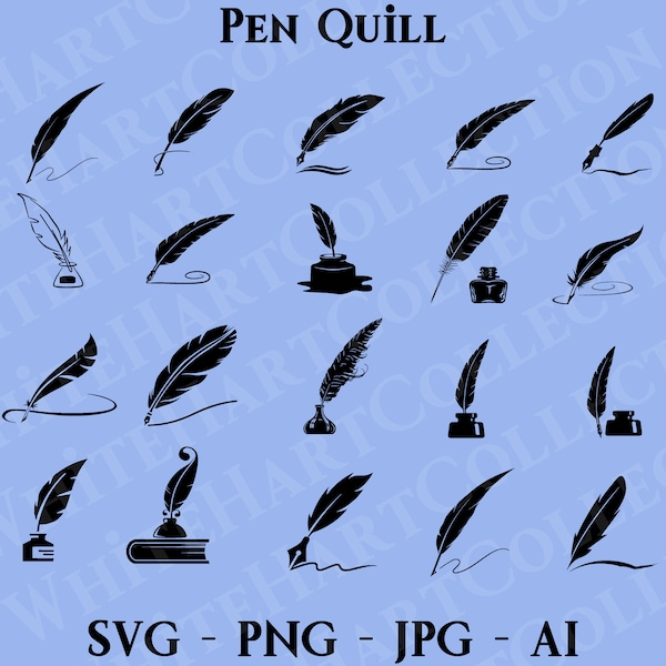 20 Pen Quill Svg, Png, Jpg, Ai, Commercial Use, Feather Svg, Feather Pen Silhouette, Pen Svg Clipart, Ink, Digital, Cricut Cut File, PQ1