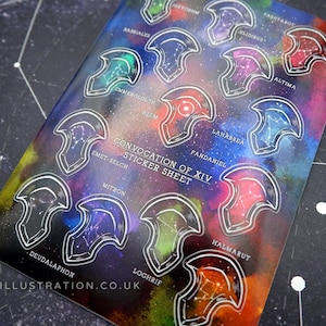 May include: A sheet of stickers featuring a galaxy background with 14 different constellation designs. Each sticker is a silver shield with a constellation inside. The text "Convocation of XIV Sticker Sheet" is printed on the sheet.