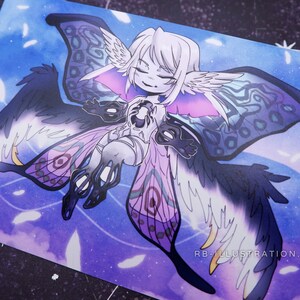 May include: A digital illustration of a white-haired character with closed eyes, wearing a white outfit and large, colorful butterfly wings. The wings are a mix of black, purple, pink, and blue with intricate patterns. The background is a watercolor wash of purple and blue with white dots.