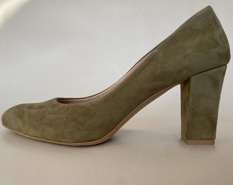 Handmade Olive Suede Leather High Block Heels with Arch Support Women's Pumps