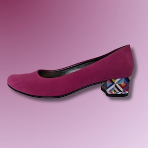 Handmade Pink Suede Pumps with Colourful Geometric Block Heel – Comfortable, Stylish Low Heels for Casual or Formal Wear