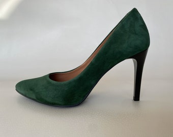 Handmade Forest Green Suede Leather High Heels with Arch Support Women's Pumps