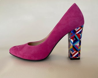 Handmade Magenta Suede, Colourful Pattern High Heeled Women's Shoes