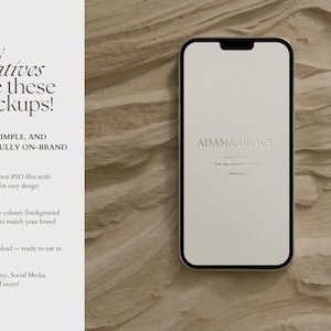 May include: A smartphone mockup with a white screen, featuring the text "ADAM & GRACE". The phone is set against a textured, light brown background. Text on the left side reads "Why creatives love these mockups!" and describes features.