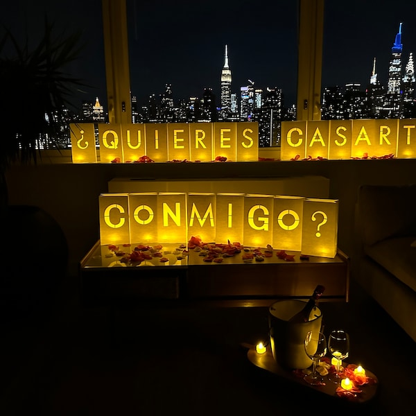 QUIERES CASARTE CONMIGO- Luminarias. Will You Marry Me Sign in spanish with  Lights and Rose Petals included for wedding proposals
