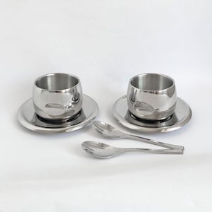 As New! Vintage AMC Chrome Cappuccino Cups & Saucers – Italian Brutalist Design, Set of 2, 125 ml