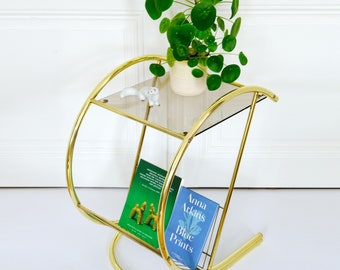 Vintage Side Table, Hollywood Regency Style, brass and smoked glass
