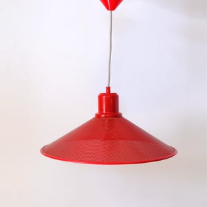 Postmodern 80s Memphis Style Lamp, Vintage Pendant Light, Red Perforated Metal Hanging Lamp, Trumpet Ceiling Light