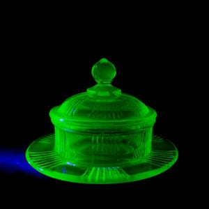 Vintage Uranium Glass Lidded Candy Dish, Art Deco Green Vaseline Glass Container, Trinket Dish, Pressed Glass Bonbonniere