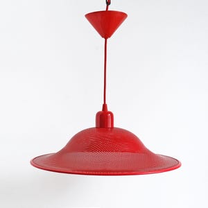 Postmodern 80s Memphis Style Lamp, Vintage Pendant Light, Red Perforated Metal Hanging Lamp, Trumpet Ceiling Light