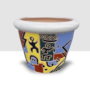 Vintage Cubist Ceramic Flower Pot | Colourful Hand Glazed Terracotta Planter | Abstract Figurative Cachepot
