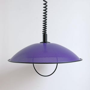 Postmodern 80s Memphis Style Lamp, Vintage Pendant Light, Purple Perforated Metal Hanging Lamp, Trumpet Ceiling Light