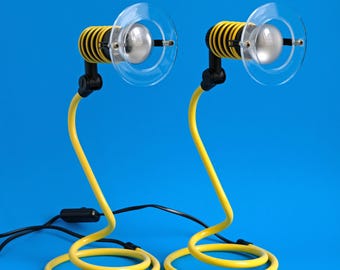 Set of 2 Yellow Memphis Style Coil Table Lamps, Sculptural Adjustable Lights