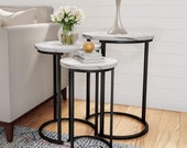 Nest of 3 Round Marble Style Tables Vintage Coffee Side End Nesting industrial Living Room Bedroom Furniture Natural