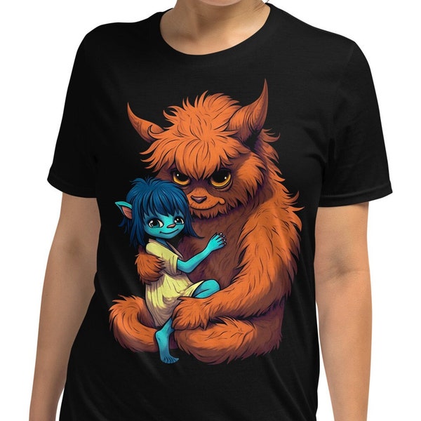 Kuschelmonster T-Shirt: Fluffiges Oranges Monster & Kobold Mädchen, herzerwärmende Umarmung