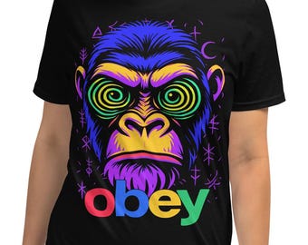 Psychedelic Gorilla T-Shirt – Neon Obey Shirt, Hypnotic Spiral Eyes, Trippy Streetwear Graphic Tee, Mind Control Parody Art