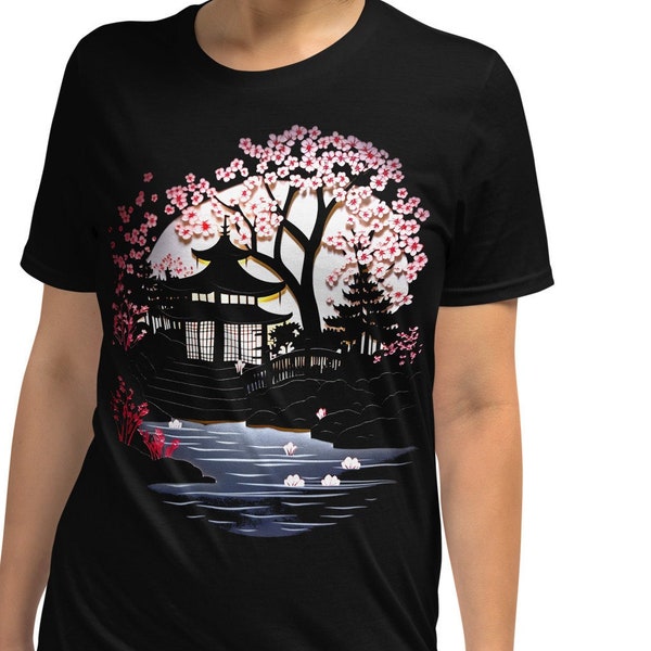 Serene Japanese Garden T-Shirt: Night, Papercut Style, Lily Pond, Cherry Blossoms