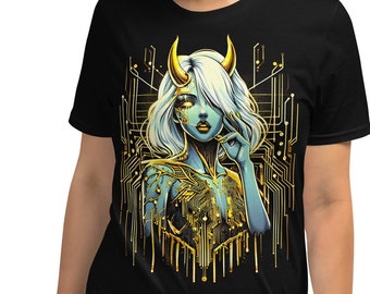 Cyber She-Devil T-Shirt: Golden Circuitry, Future Fashion