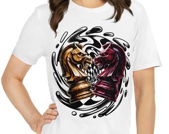 Clashing Knights T-Shirt: Chess Fan Apparel. Dynamic Piece Battle Design in White