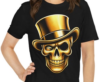 Golden Skull T-Shirt: Elegant Top Hat, Winking Charmer