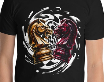 Clashing Knights T-Shirt: Chess Fan Apparel. Dynamic Piece Battle Design in Black