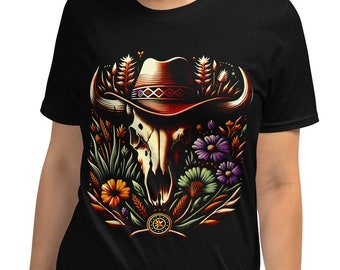 Cow Skull Cowboy T-Shirt: Desert Hat & Flora Emblem