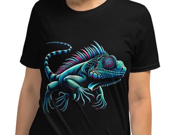 Hypnotic Iguana T-Shirt: Vibrant Neon Psychedelic Leaping Lizard