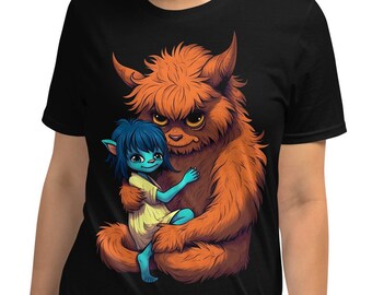抱きしめるモンスターTシャツ：ふわふわのオレンジ色のモンスターとゴブリンの少女、心温まる抱擁