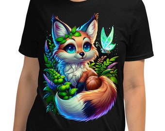 Magical Fox T-Shirt - Cartoon Cute Fox with Butterfly and Flora. Black, White or Navy.