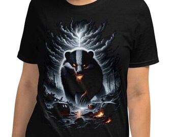 Post-Apocalypse Badger T-Shirt: Giant Mutant Monster, Thunderstorm City Ruins