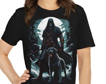 Hunter and Hound T-Shirt: Gothic Fantasy, Moonlit Medieval Ruins