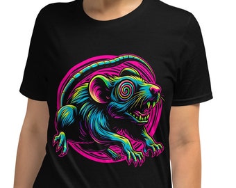 Rave Rat T-Shirt: Hypnotic Psychedelic Neon Rodent, Black or Navy
