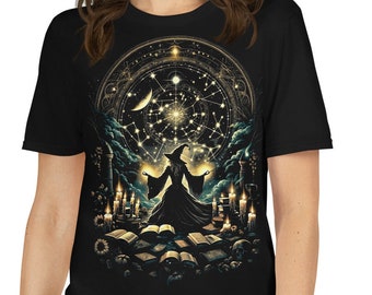 Celestial Witchcraft T-Shirt: Sorceress weaving cosmic threads, arcane ritual