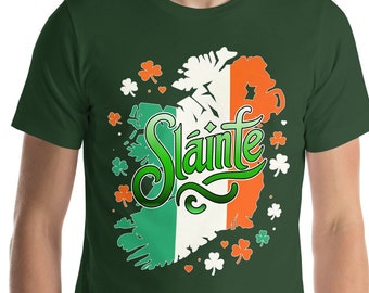 Paddy's Day Sláinte T-Shirt: Irish Flag, St Patrick Celebration in Forest Green or Black