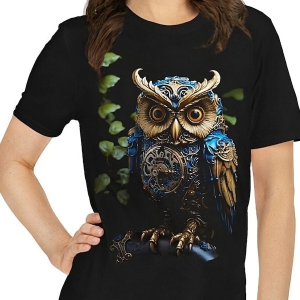 T-shirt chouette steampunk : oiseau mécanique complexe, créature automate en laiton